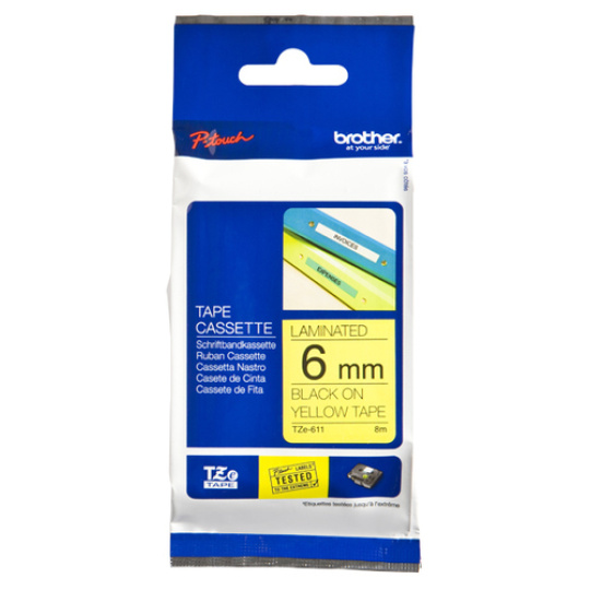 Brother TZ611 Ruban pour étiqueteuse (Noir Sur Jaune) 6mm Compatible With PT Serie (E500/E550/E300/E110)